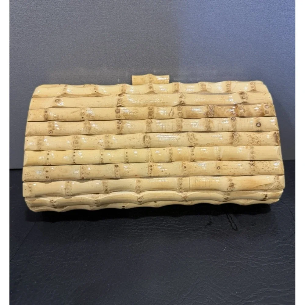 J. McLaughlin Woven Rattan Bamboo  Kendra Clutch Purse Natural Tan Handbag